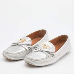 Pre Owned Prada Silver leather Logo Applique Slip On Loafers Size 36.5