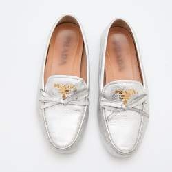 Pre Owned Prada Silver leather Logo Applique Slip On Loafers Size 36.5