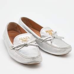 Pre Owned Prada Silver leather Logo Applique Slip On Loafers Size 36.5