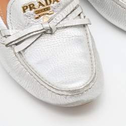Pre Owned Prada Silver leather Logo Applique Slip On Loafers Size 36.5