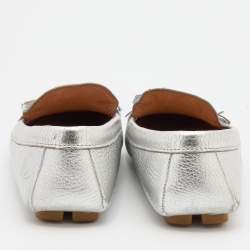 Pre Owned Prada Silver leather Logo Applique Slip On Loafers Size 36.5