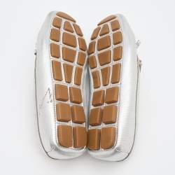 Pre Owned Prada Silver leather Logo Applique Slip On Loafers Size 36.5