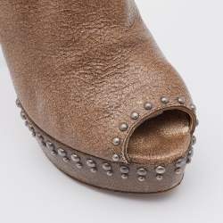 Pre Owned Prada Brown Crackled Leather Studded Peep Toe Platform Singback Pumps Size 37