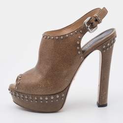 Pre Owned Prada Brown Crackled Leather Studded Peep Toe Platform Singback Pumps Size 37