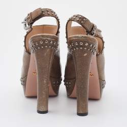Pre Owned Prada Brown Crackled Leather Studded Peep Toe Platform Singback Pumps Size 37