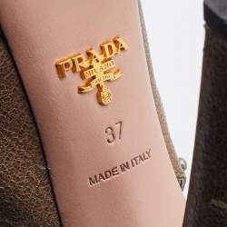 Pre Owned Prada Brown Crackled Leather Studded Peep Toe Platform Singback Pumps Size 37