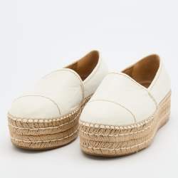 Prada Off White Leather Platform Espadrille Flats Size 38 