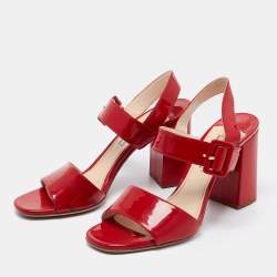 Pre Owned Prada Red Patent Leather Ankle Strap Block Heel Sandals Size 37