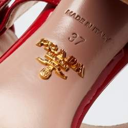 Pre Owned Prada Red Patent Leather Ankle Strap Block Heel Sandals Size 37