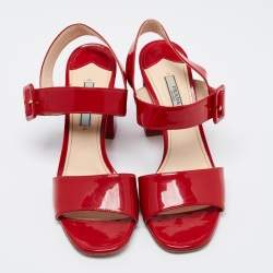Pre Owned Prada Red Patent Leather Ankle Strap Block Heel Sandals Size 37