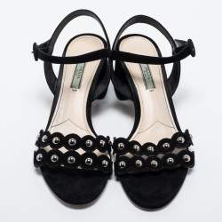 Prada Black Studded Suede Block Heel Ankle Strap Sandals Size 40