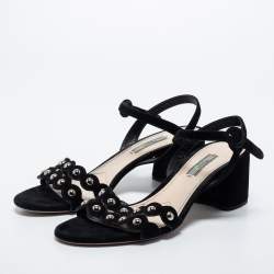Prada Black Studded Suede Block Heel Ankle Strap Sandals Size 40