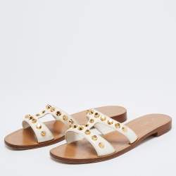 Prada White Patent Leather Stud Embellished Flat Slides Size 38