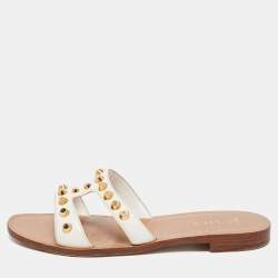 Prada White Patent Leather Stud Embellished Flat Slides Size 38