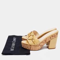 Prada Beige Patent Leather Buckle Detail Cork Platform Slides Size 37.5