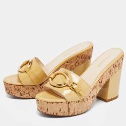 Prada Beige Patent Leather Buckle Detail Cork Platform Slides Size 37.5