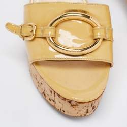 Prada Beige Patent Leather Buckle Detail Cork Platform Slides Size 37.5