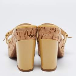 Prada Beige Patent Leather Buckle Detail Cork Platform Slides Size 37.5