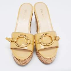 Prada Beige Patent Leather Buckle Detail Cork Platform Slides Size 37.5