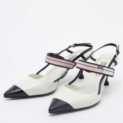 Pre Owned Prada White/Black Leather and Rubber Slingback Pumps Size 37.5