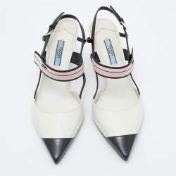Pre Owned Prada White/Black Leather and Rubber Slingback Pumps Size 37.5