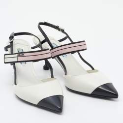 Pre Owned Prada White/Black Leather and Rubber Slingback Pumps Size 37.5