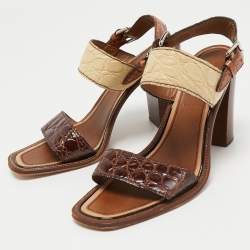 Pre Owned Prada Multicolour Croc Embossed Leather Ankle Strap Sandals Size 38