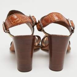 Pre Owned Prada Multicolour Croc Embossed Leather Ankle Strap Sandals Size 38