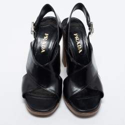 Prada Black Leather Criss Cross Block Heel Sandals Size 38