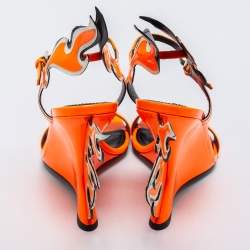 Pre Owned Prada Orange/White  Patent Leather Flame Ankle Strap Wedge Sandals Size 40