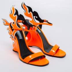 Pre Owned Prada Orange/White  Patent Leather Flame Ankle Strap Wedge Sandals Size 40