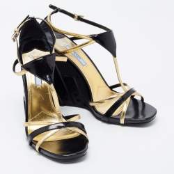 Pre Owned Prada Black/Gold Leather T-Strap Wedge Sandals Size 40