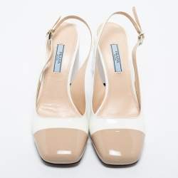 Pre Owned Prada White/Brown Patent Leather Block Heel Slingback Pumps Size 38.5