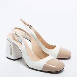 Pre Owned Prada White/Brown Patent Leather Block Heel Slingback Pumps Size 38.5