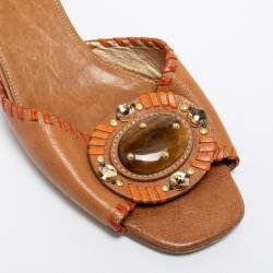 Prada Brown Leather Embellished Slide Sandals Size 40.5