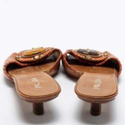 Prada Brown Leather Embellished Slide Sandals Size 40.5