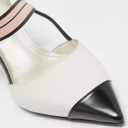 Pre Owned Prada White/Black Leather and Rubber Trim Pointed Toe Slingback Sandals Size 38