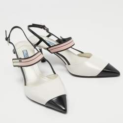 Pre Owned Prada White/Black Leather and Rubber Trim Pointed Toe Slingback Sandals Size 38