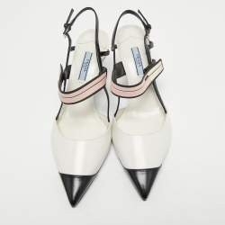 Pre Owned Prada White/Black Leather and Rubber Trim Pointed Toe Slingback Sandals Size 38