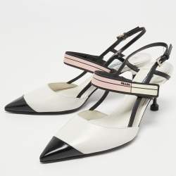 Pre Owned Prada White/Black Leather and Rubber Trim Pointed Toe Slingback Sandals Size 38