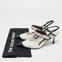 Pre Owned Prada White/Black Leather and Rubber Trim Pointed Toe Slingback Sandals Size 38