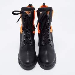 Pre Owned Prada Black/Orange Leather and Neoprene Neon Detail Lace up Ankle Boots Size 41