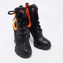 Pre Owned Prada Black/Orange Leather and Neoprene Neon Detail Lace up Ankle Boots Size 41