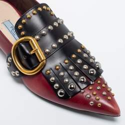 Pre Owned Prada Burgundy/Black Studded Leather Pointed Toe Ballet Flats Size 35