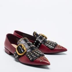 Pre Owned Prada Burgundy/Black Studded Leather Pointed Toe Ballet Flats Size 35