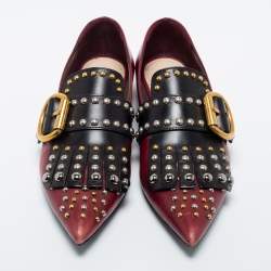 Pre Owned Prada Burgundy/Black Studded Leather Pointed Toe Ballet Flats Size 35