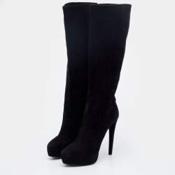 Pre Owned Prada Black Suede Platform Knee Length Boots Size 38