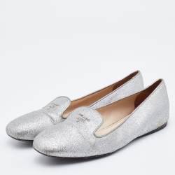 Pre Owned Prada Silver Glitter Smoking Slippers Size 38
