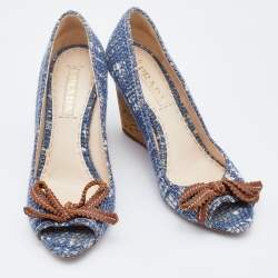 Pre Owned Prada Blue Tweed Bow Wedge Peep Toe Pumps Size 37.5