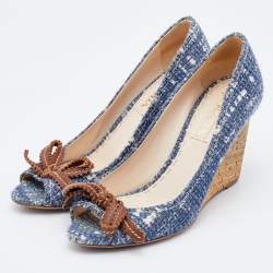 Pre Owned Prada Blue Tweed Bow Wedge Peep Toe Pumps Size 37.5